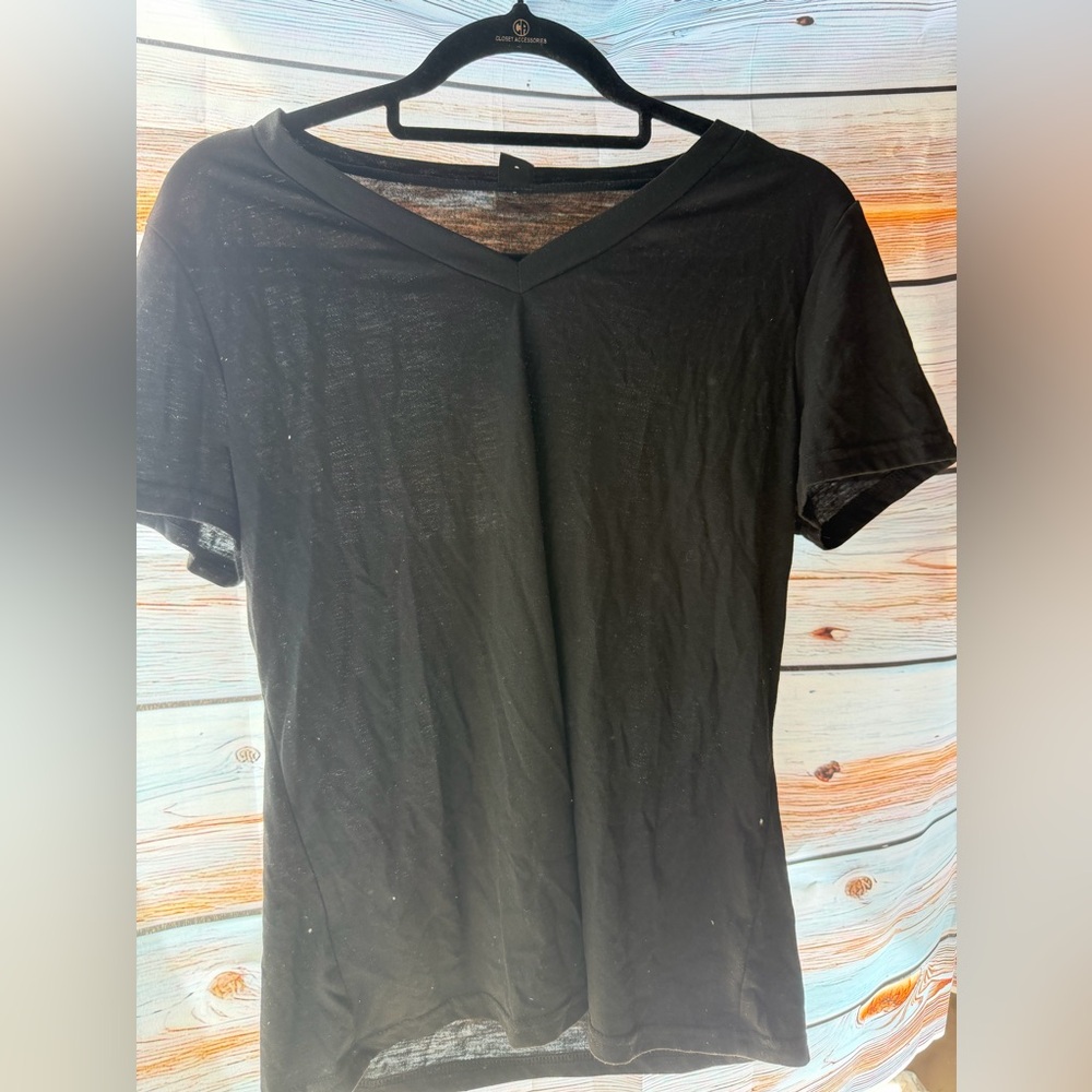SHEIN Black V-Neck Tee with Front Pleat